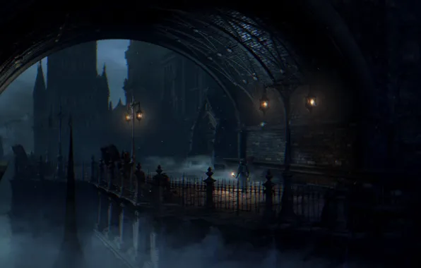 Night, fog, the fence, people, brick, lights, arch, tower