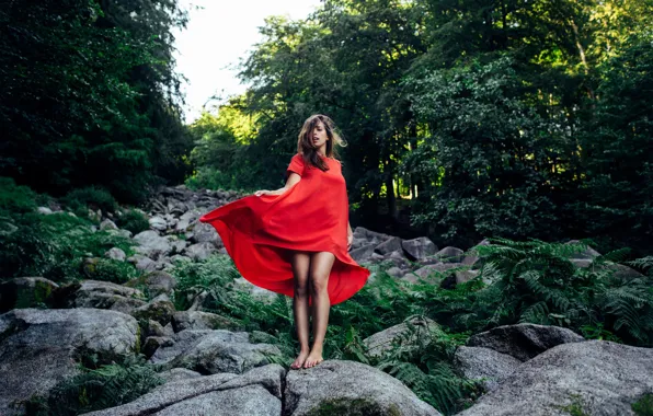 Picture girl, pose, stones, feet, red dress