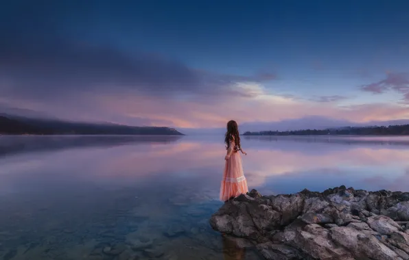 The sky, girl, landscape, nature, romance, dal, dress, long hair