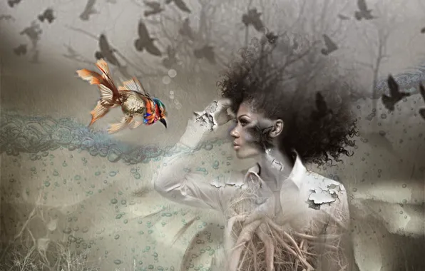 Picture girl, background, bird, fish