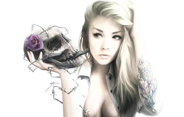 Rose, skull, Girl, tattoo, white background, barbed wire