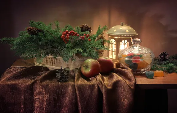 Apples, spruce, lantern, still life, bumps, marmalade