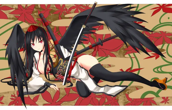 Katana, little red riding hood, geisha, kimono, Aya Shameimaru, maple leaves, sheath, black stockings