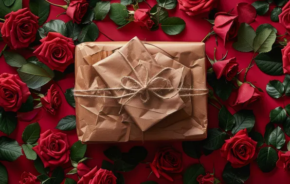 Leaves, flowers, holiday, box, gift, roses, bouquet, red