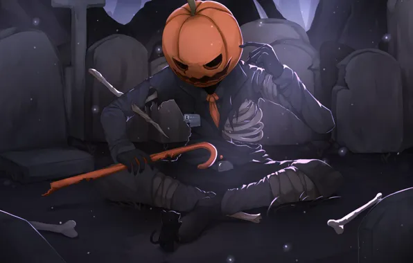 Picture skeleton, pumpkin, kitty, Halloween, Jack - conqueror of the pumpkins
