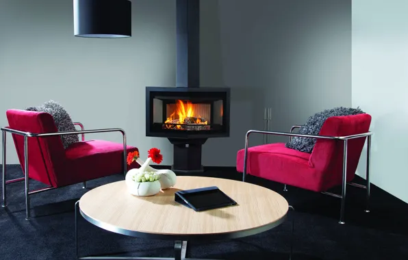 Flowers, table, room, chairs, fireplace, tablet, living room