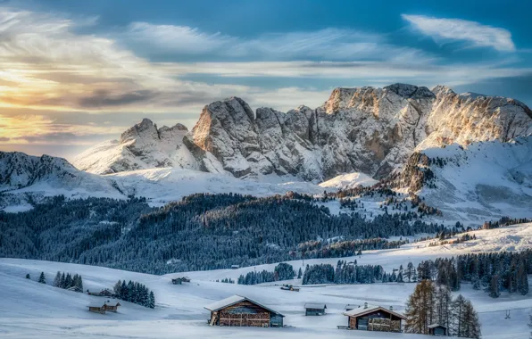 Winter, forest, snow, mountains, home, village, Italy, houses