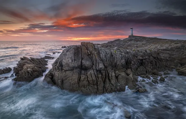 Sea, wave, the sky, the ocean, rocks, paint, lighthouse, the evening