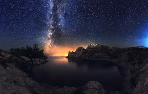 Sea, the sky, stars, night, stones, rocks, shore, Bay