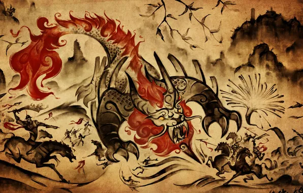 Picture mountains, China, battle, battle, monster, mythology, nannies, spewing fire