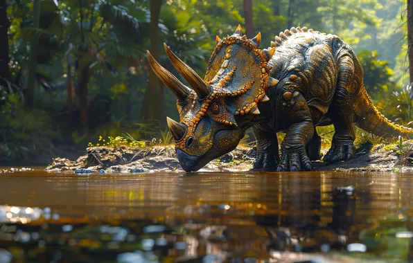 Water, Trees, Dinosaur, Horns, Triceratops, Animal, Digital art, Triceratops
