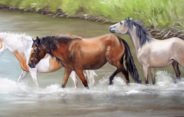 Nature, oil, horses, horse, painting, canvas, pond, poses