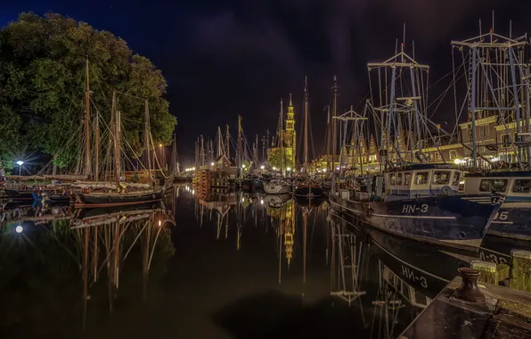 Night, boats, Amsterdam, Netherlands, The Old Harbour