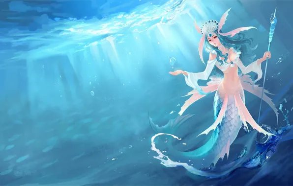 Sea, girl, decoration, bubbles, mermaid, shell, art, spear
