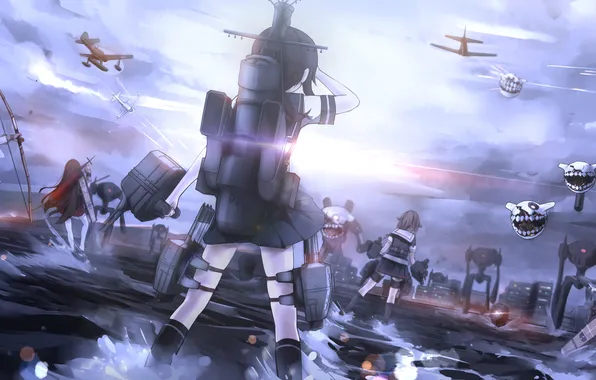 Picture water, weapons, girls, anime, bow, art, aircraft, monsters