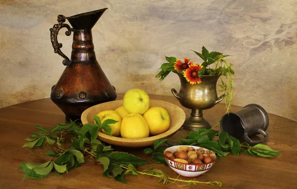 Leaves, apples, dishes, nuts, still life, leaves, nuts, still life