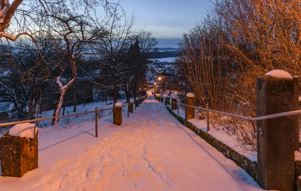 Picture winter, road, snow, city, the city, Park, the evening, Germany