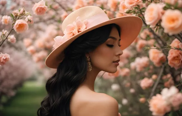 Summer, girl, flowers, Park, portrait, roses, hat, garden