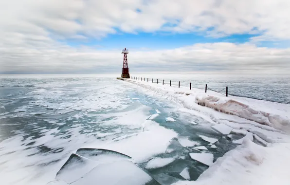 Sea, lighthouse, ice
