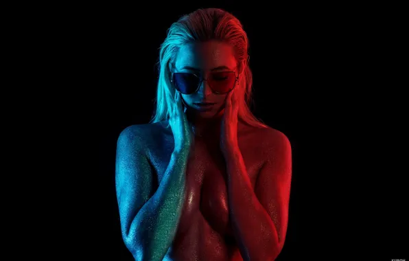 Light, blue, red, pose, glasses, hairstyle, blonde, Nude