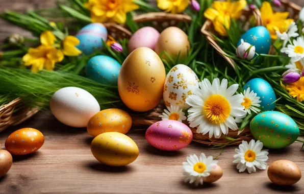 Flowers, eggs, spring, colorful, Easter, happy, flowers, spring