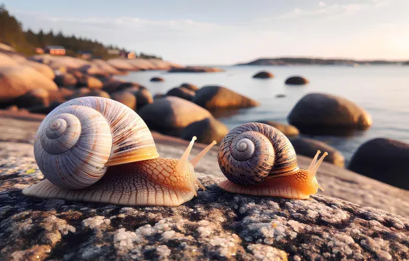 Sea, stones, shore, snails, backwater