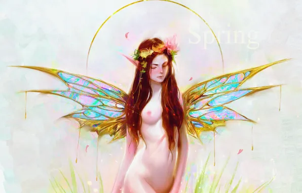 Girl, figure, wings, angel, fantasy, painting, halo, by Panda