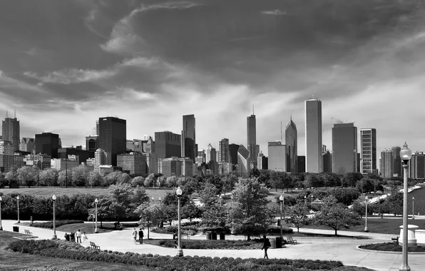 Skyscrapers, Chicago, black and white, USA, Chicago