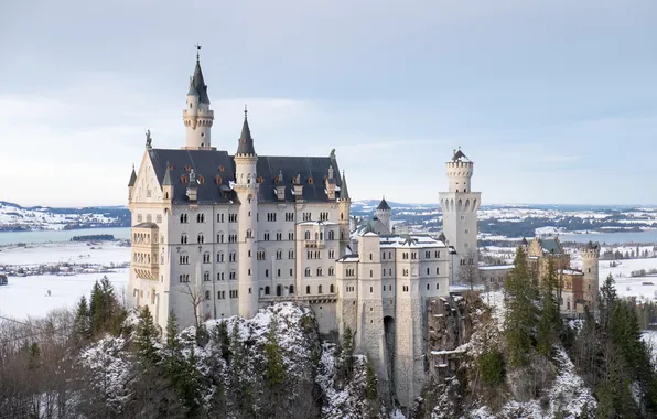 Winter, the sky, clouds, snow, trees, mountains, castle, Germany