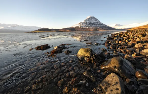 Water, snow, mountains, river, stones, tops