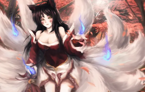 Picture girl, trees, Fox, league of legends, tails, ahri, AHRI