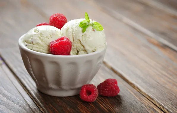 Raspberry, ice cream, bowl, mint, dessert