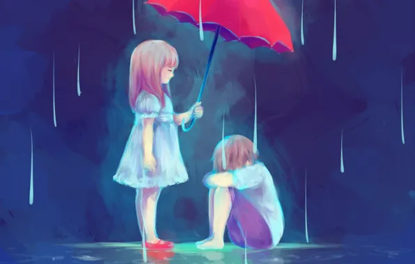 Picture water, umbrella, rain, boy, Children, art, girl, blauerozen