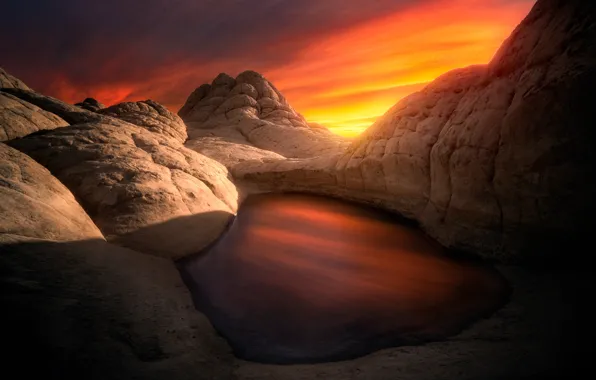 Light, sunset, mountains, lake, relief, canyons