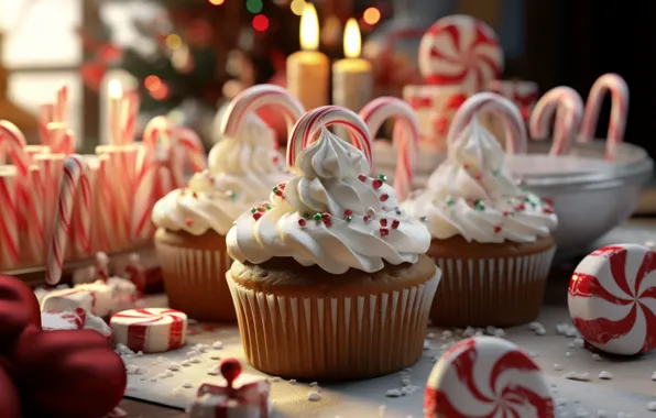 Table, candles, Christmas, candy, sweets, New year, needles, cream