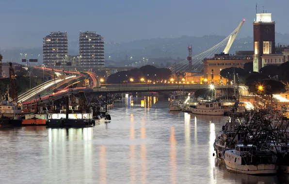 Picture road, trees, bridge, lights, river, home, the evening, lights