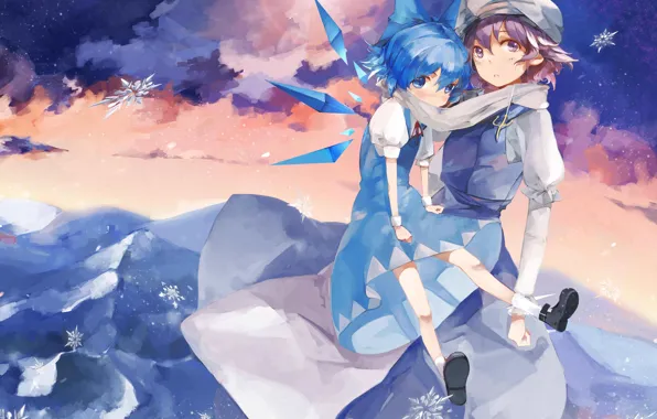 Snowflakes, girls, scarf, dress, fairy, touhou, art, Touhou