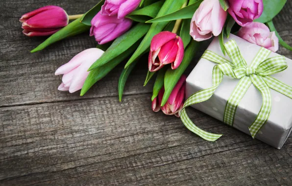 Flowers, gift, bouquet, colorful, tulips, wood, pink, flowers