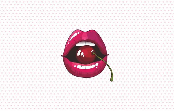 Cherry, figure, graphics, teeth, lips, hearts, red, lips