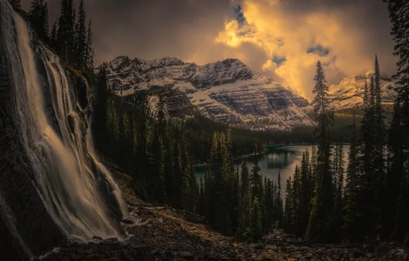 Autumn, forest, clouds, snow, mountains, lake, rocks, waterfall