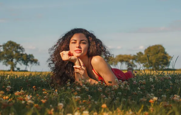 Picture grass, girl, nature, curls, Alexander Grankin