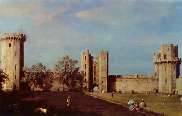 Landscape, people, castle, England, picture, Antonio canal, Antonio Canaletto, the inner courtyard of Warwick castle
