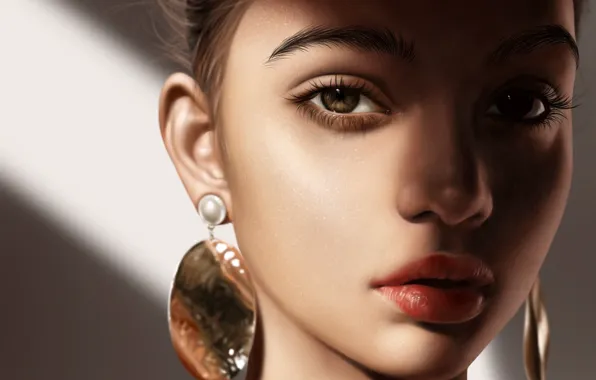 Look, girl, face, portrait, earrings, art, brown eyes