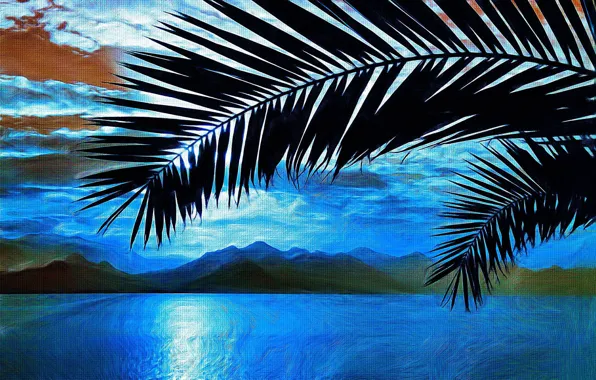 Sea, palm trees, picture, branch, art, painting, painting, mountains.
