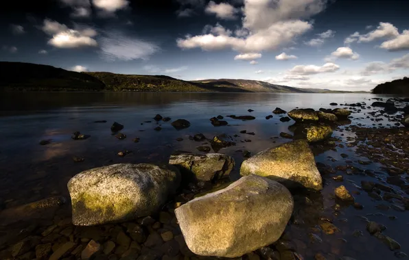 Landscape, lake, stones, Loch Ness