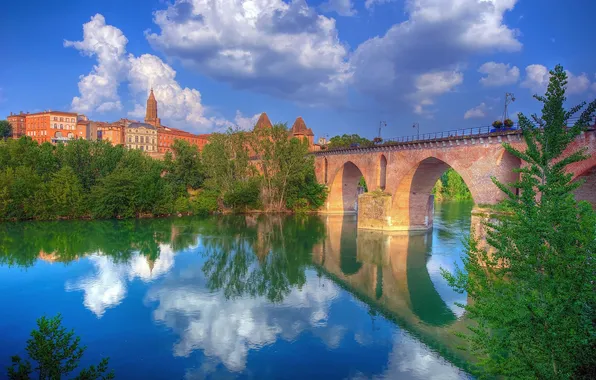 Picture the sky, clouds, trees, bridge, river, tower, home