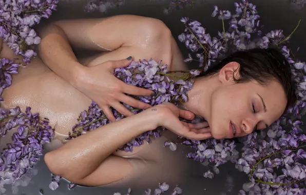 Girl, flowers, naked, in the water