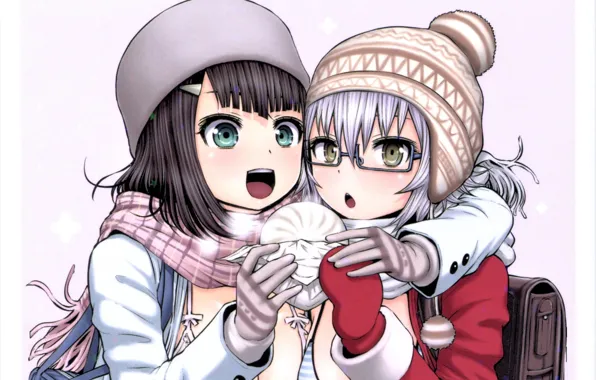Hat, scarf, gloves, friend, satchel, bun, white fur, oski