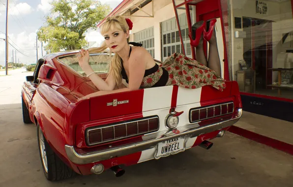 Picture look, girl, Ford, Girls, dress, red car