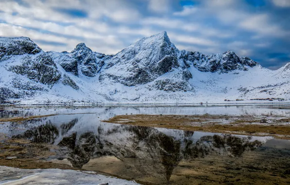 Winter, snow, landscape, mountains, nature, lake, reflection